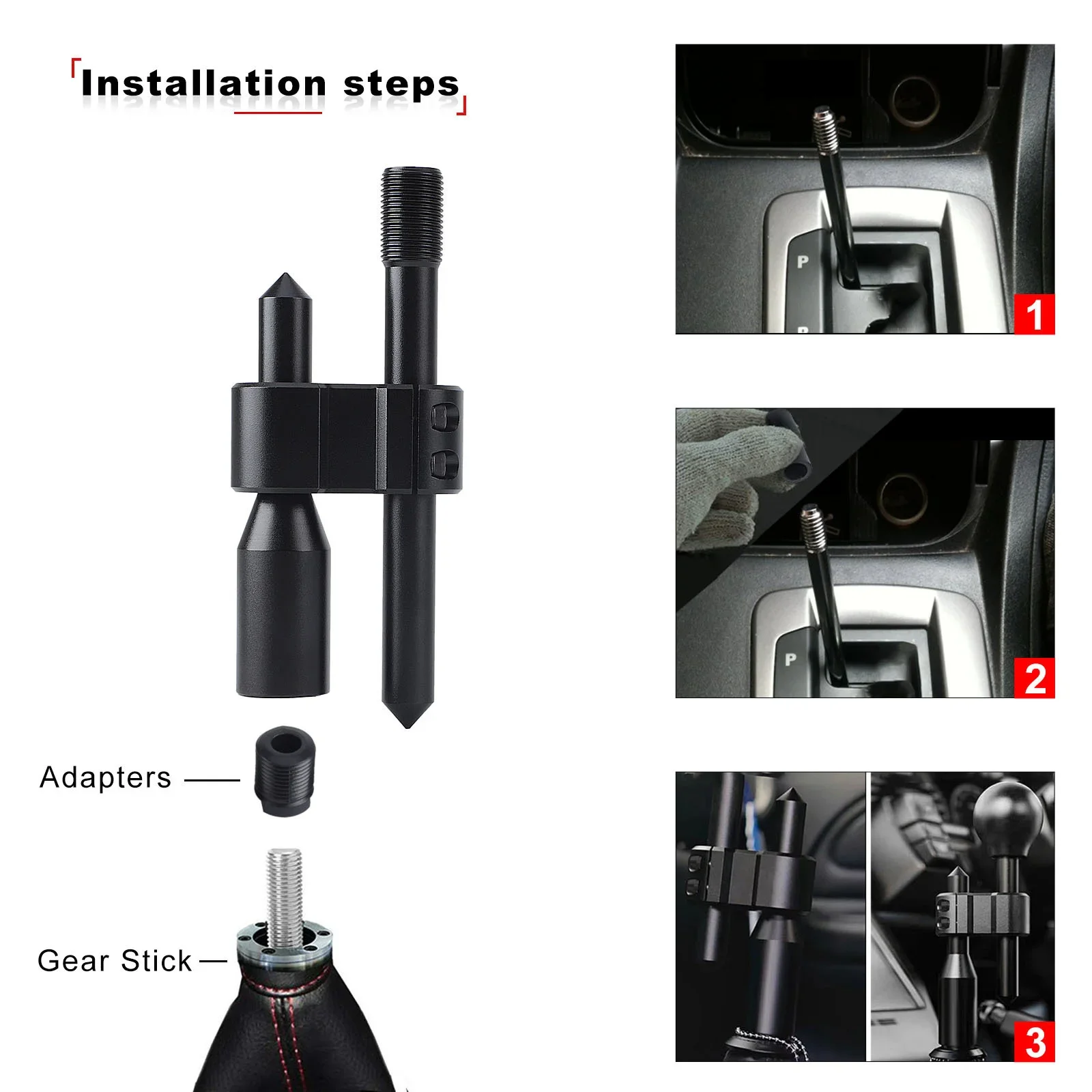 Picture 7: Universal Extension Adjustable Extender Gear Shifter With Three Adapters 8MM 10MM 12MM Car H Type Aluminum Gear Shift Knob