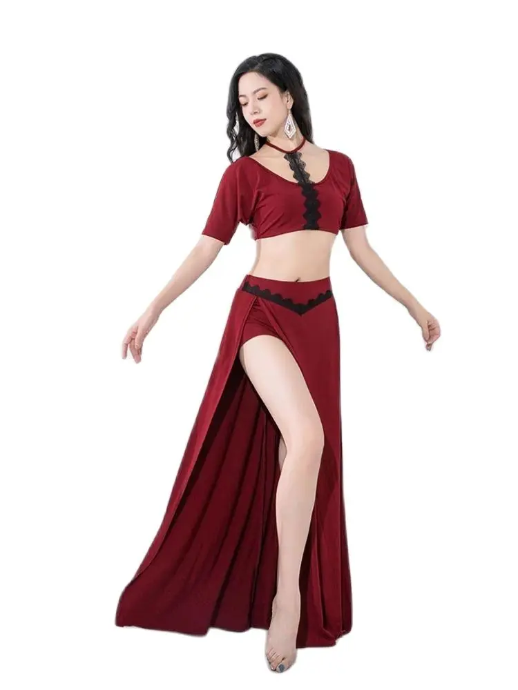 Adult Belly Dance Practice Suit Women's 2023 New Sexy Lace Hanging Neck Loose Bat Sleeve Top and Skirt 2 Pcs Set