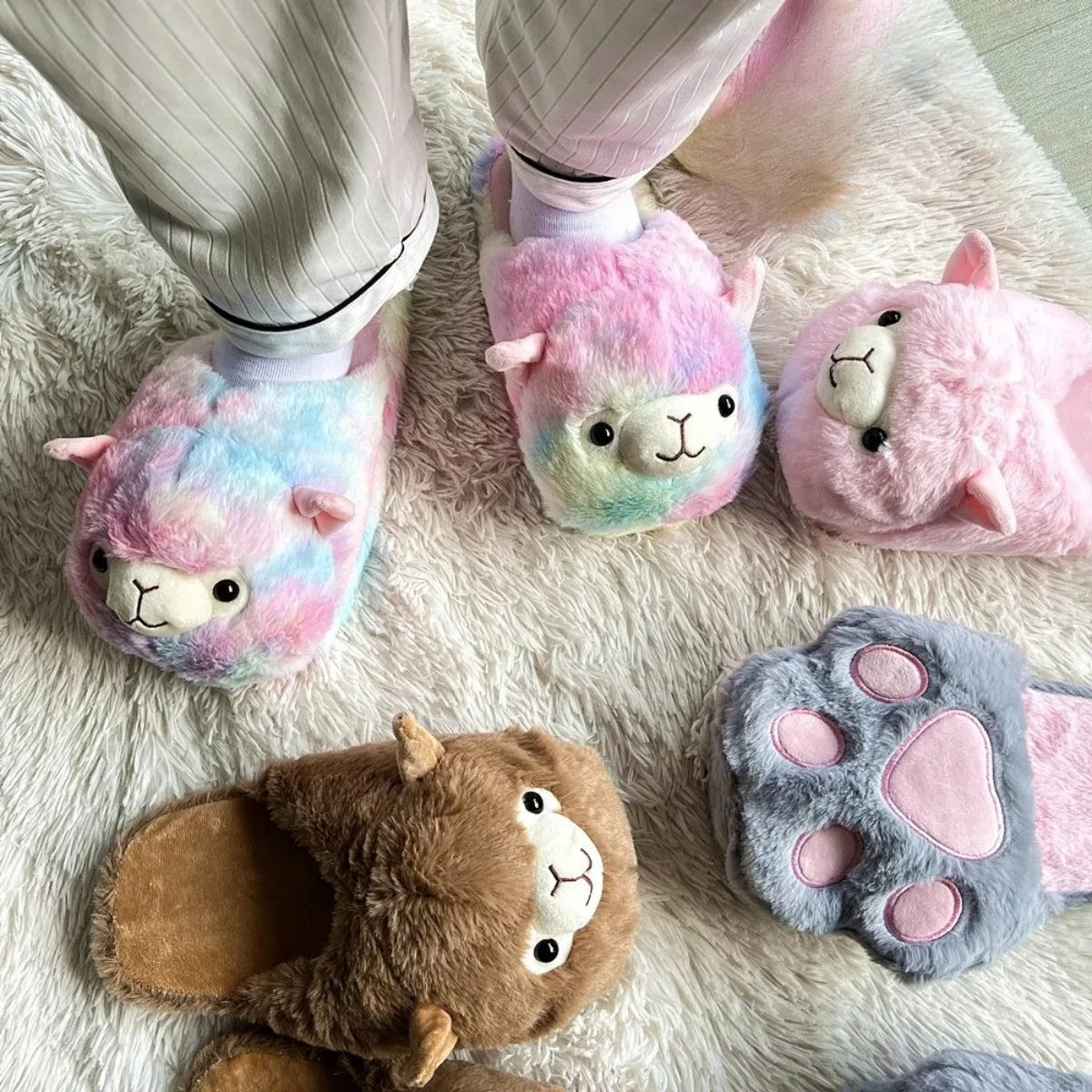 Women House Fur Slippers Casual Cute 3D-shaped Lovely Alpaca Design Multicolor Brown Winter Indoor Warm Soft Soles Comfy Home