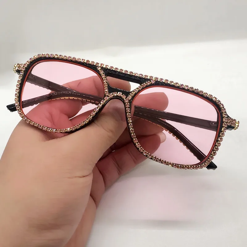 Neue Quadratische Doppel Brücken Diamant Sonnenbrille Frauen Mode Candy Farbe Strass Sonnenbrille Weibliche Shades UV400 Brillen – Detail 18