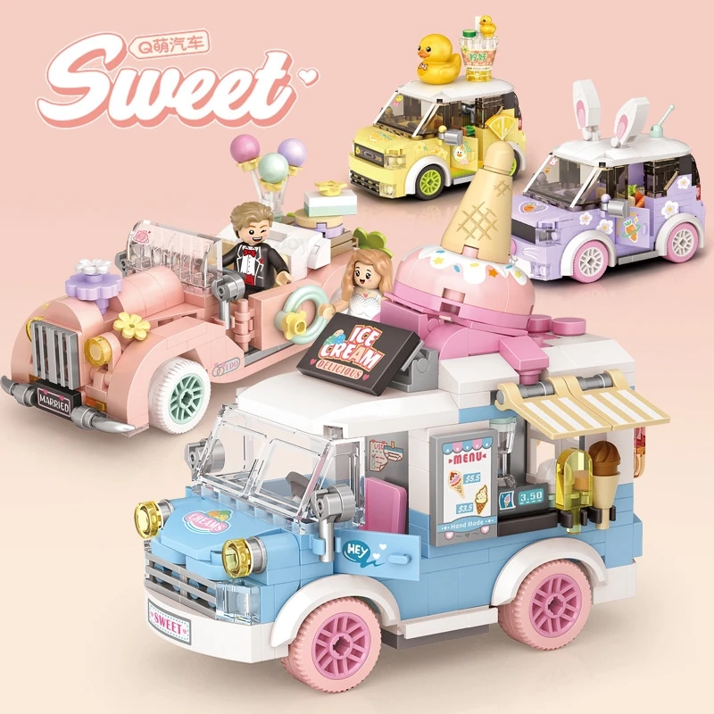 Nieuwe schattige huisdier-schommelwagen creatieve interessante voedsel-reis-campingwagen bouwstenen speelgoed kinderautomodel display kerstcadeau