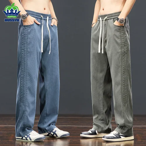 Imagen 1 del producto Pantalones de tela Lyocell suave de otoño para hombre, pantalones holgados rectos de pierna ancha, cintura elástica y2k, pantalones informales para correr de talla grande 5XL