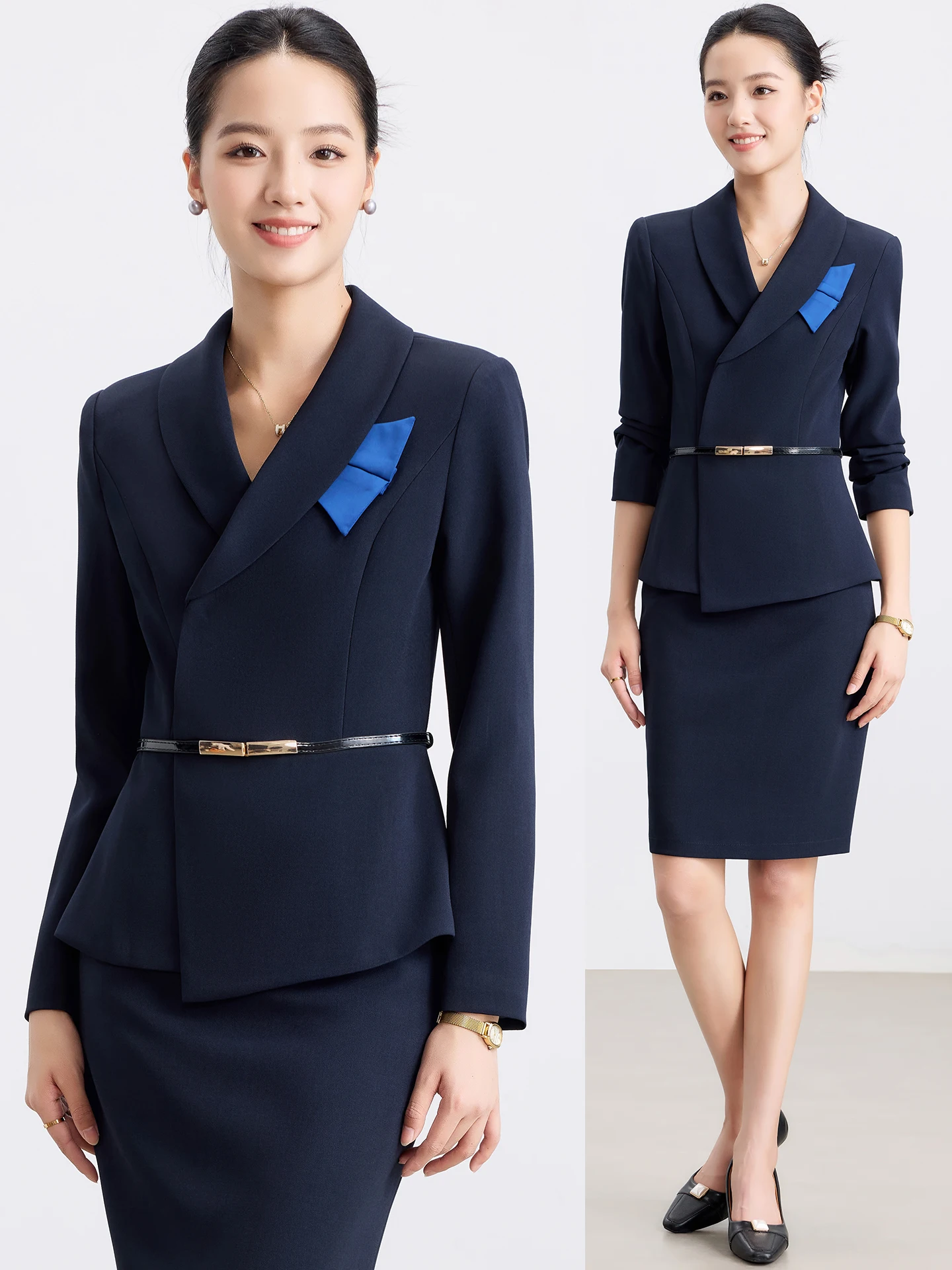 

Элегантный костюм королевского синего цвета для женщин: профессиональная рабочая одежда для салонов красоты и ювелирных магазинов (весна-осень)