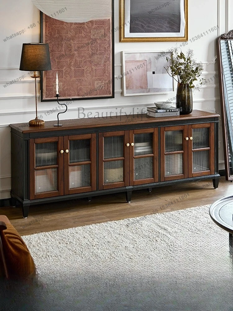 

American retro solid wood TV storage locker integrated black TV cabinet