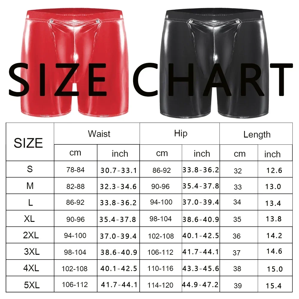 Mens Glossy Wet Look PVC Leather Trunks Black/Red Shiny Latex Sexy Male Shorts Bulge Pouch Front Open Erotic Gay Lingerie Boxers