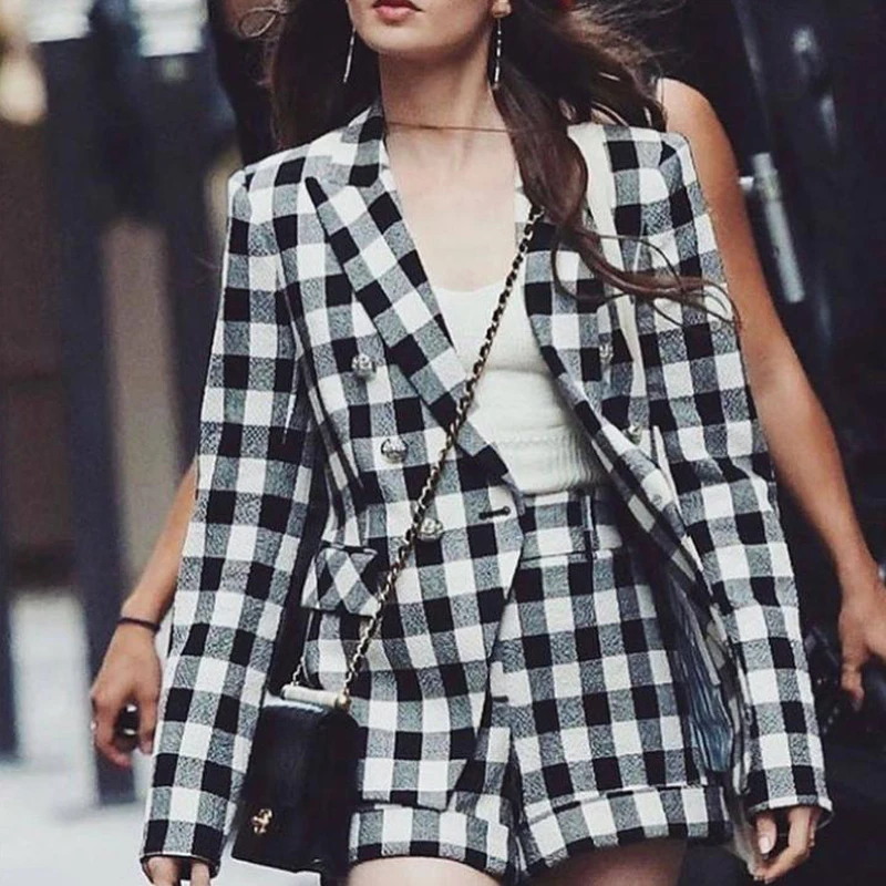 Emily In Paris Same Classic Black and White Plaid 2 Piece Set Suit Coat + High Waist Shorts Elegant Tweed Blazers Fashion Suit