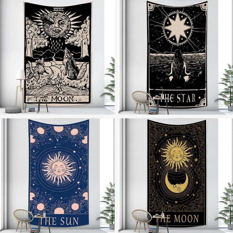 VIKAMA Tarot Temperance Angel Tapestry Wall Hanging Vintage Black Beige Occult Mystic Aesthetic Wall Art Bedroom Dorm Room Decor
