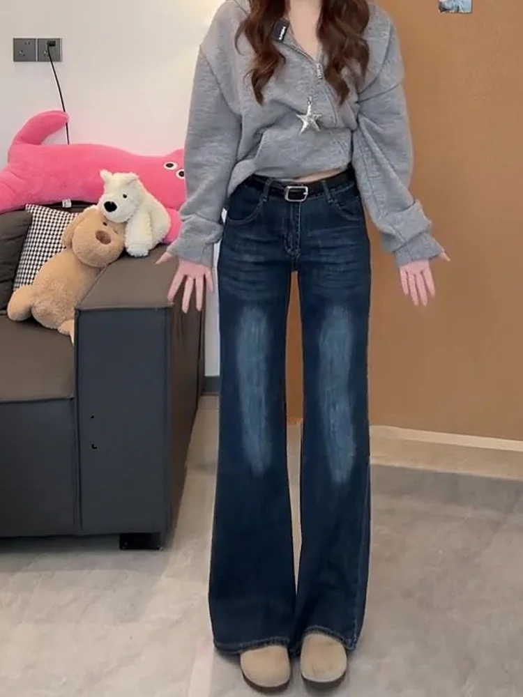 حجم كبير Fce اصطف Thiened مايكرو متوهج الدينيم الجينز المرأة عالية الخصر مستقيم الساق بنطال ذو قصة أرجل واسعة لباس غير رسمي