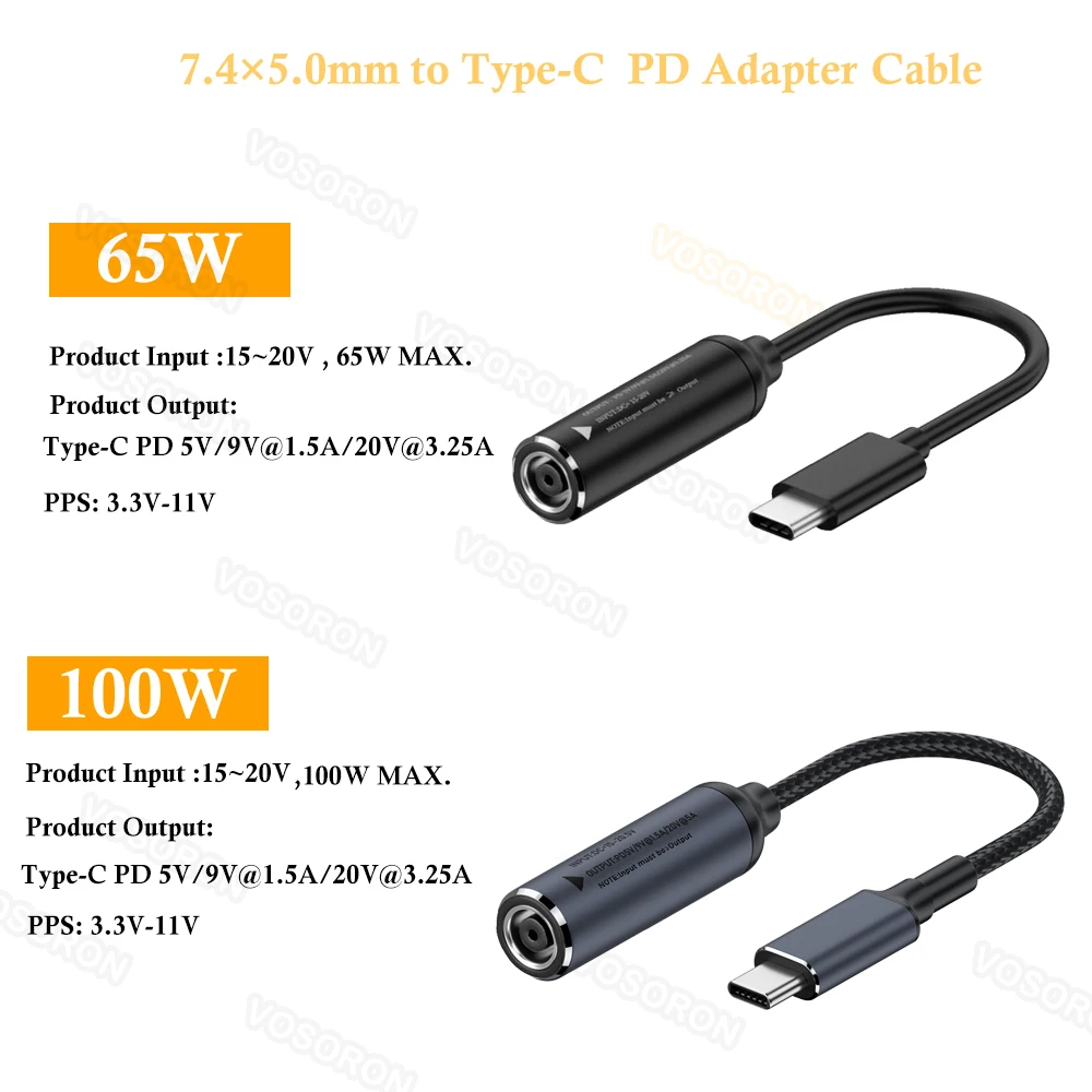 ​65W 100W PD DC 7.4 x 5.0mm Female Input to USB Type C Male Power Charging Adapter for Phones,Tablets,Laptops