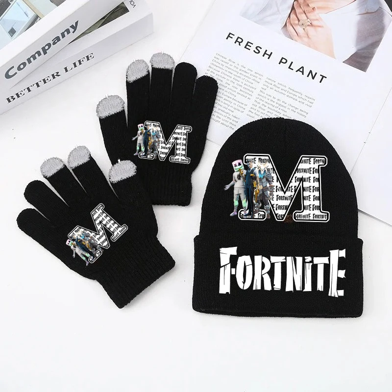 

Fortnites Boy Girl Knitted Hat Gloves Set Cartoon Knit Cap Anime Fashion Glove Children Winter Warm Accessorie Xmas Gift NEW