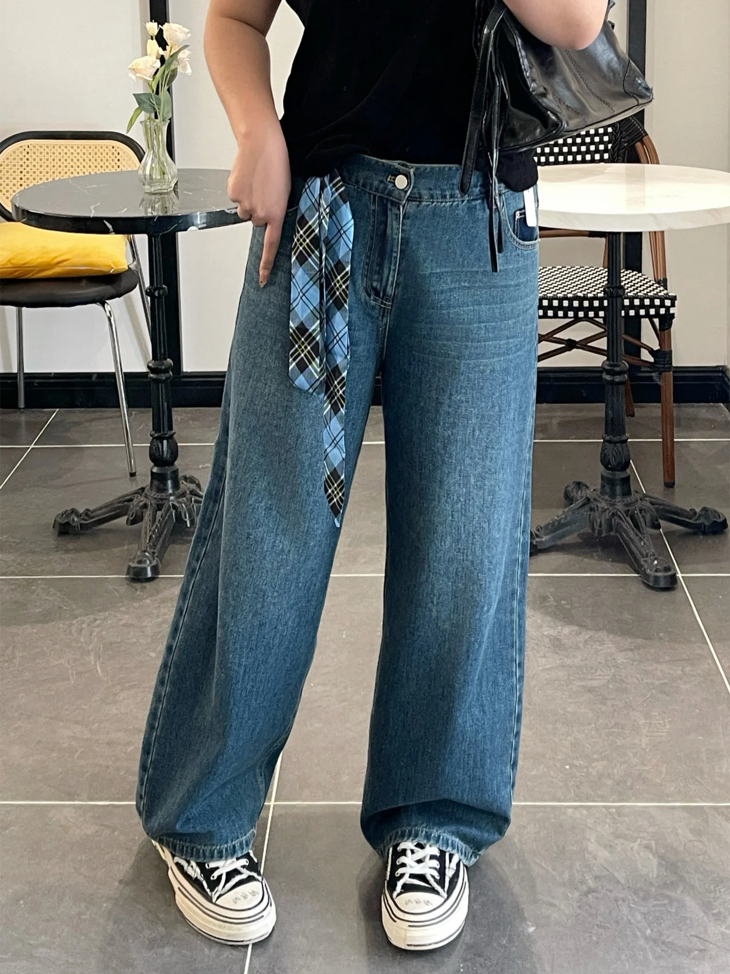 

Женские джинсы с высокой талией и прямыми штанинами больших размеров, новинка весны, повседневные брюки, плотные, скрывающие недостатки фигуры, для работы и отдыха