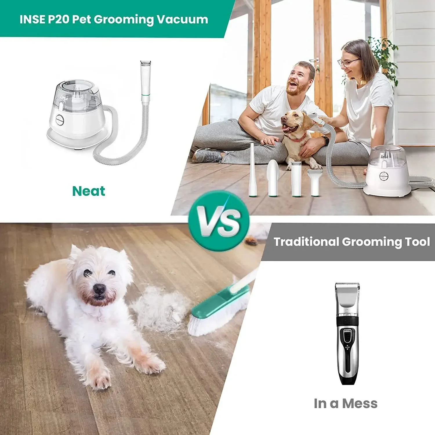 INSE P20 Pet Grooming Vacuum,  Large Dust Cup Pet Hair Vacuum with Clipper , 5 Pet Grooming Tools for Shedding Dog Hair Set