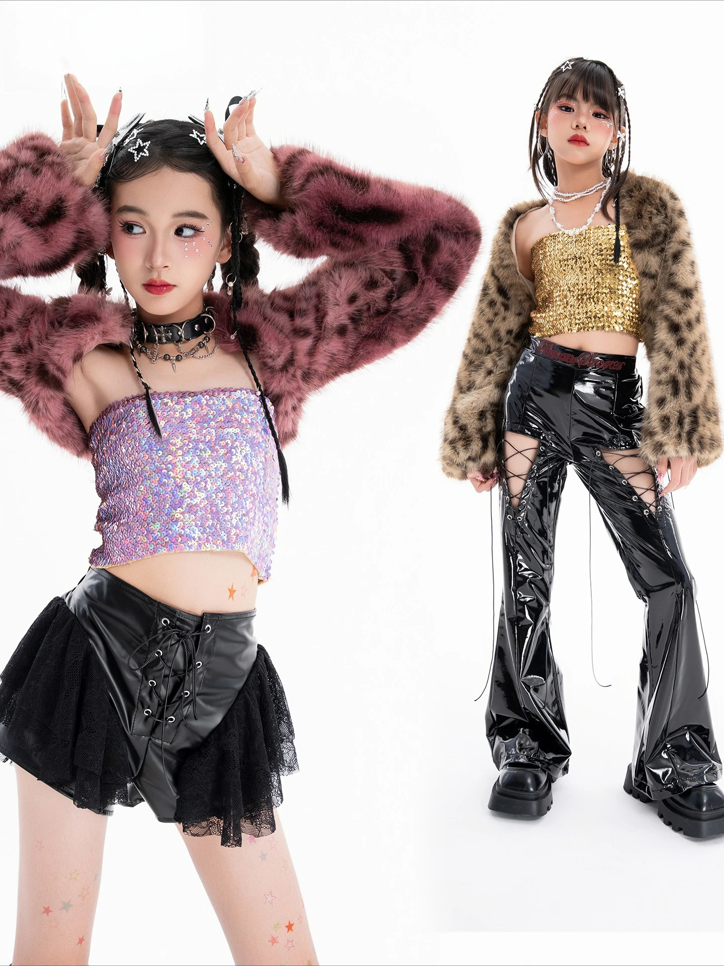 Nuovo costume jazz moderno per ragazze maniche in pelliccia di leopardo gilet con paillettes pantaloni in pelle moda abbigliamento da ballo Kpop abbigliamento da prestazione L17703