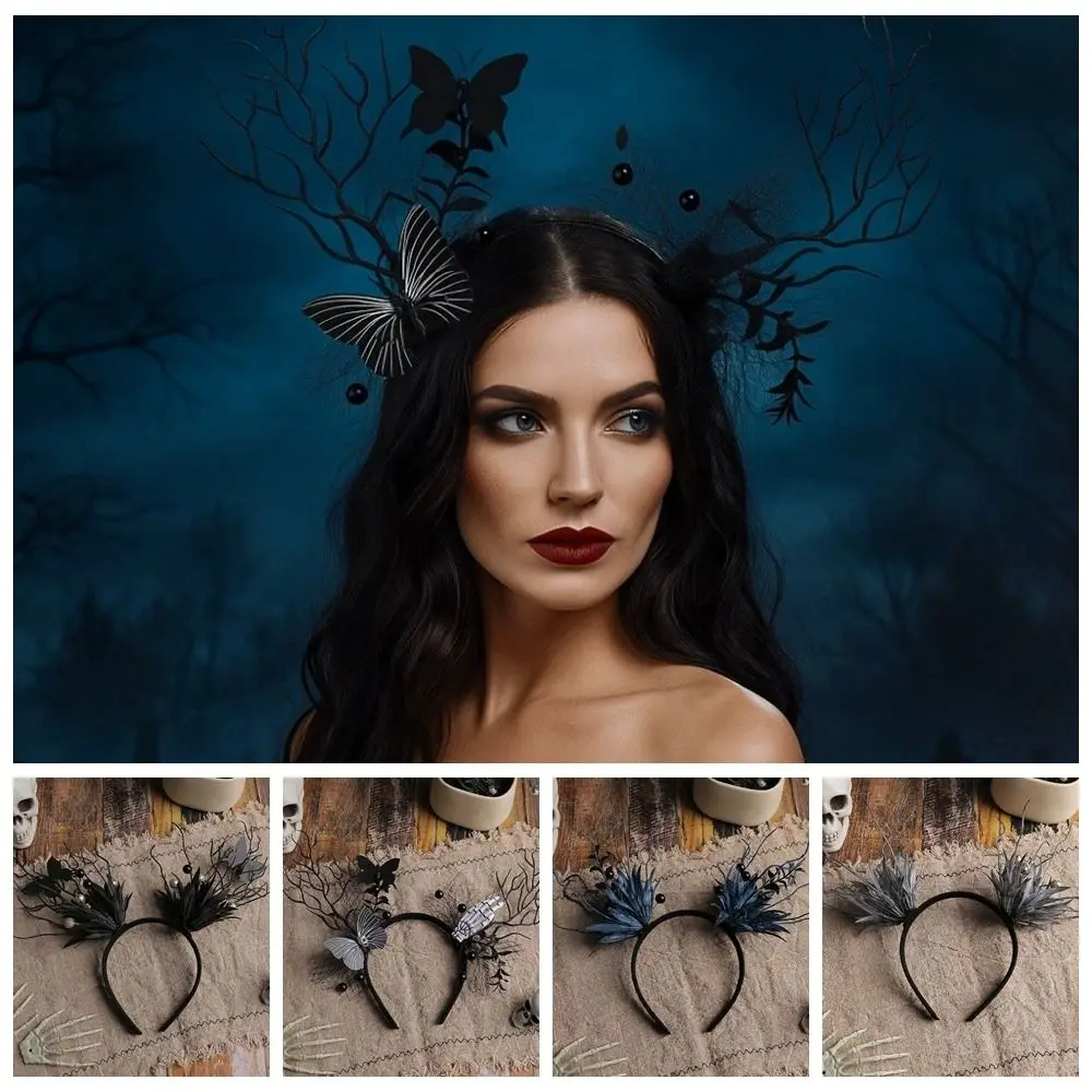 ที่คาดผมฮาโลวีนตลก ผีเสื้อสีเข้ม มุก กิ่งก้านเขากวาง ที่คาดผมมือผี อุปกรณ์ตกแต่งผมสำหรับเทศกาล