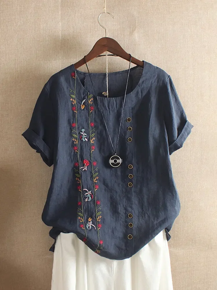 Cotton Linen Embroidery Women Shirts Summer New Elegant Vintage Floral Short Sleeve Casual Work Wear Tops Blouses 5XL