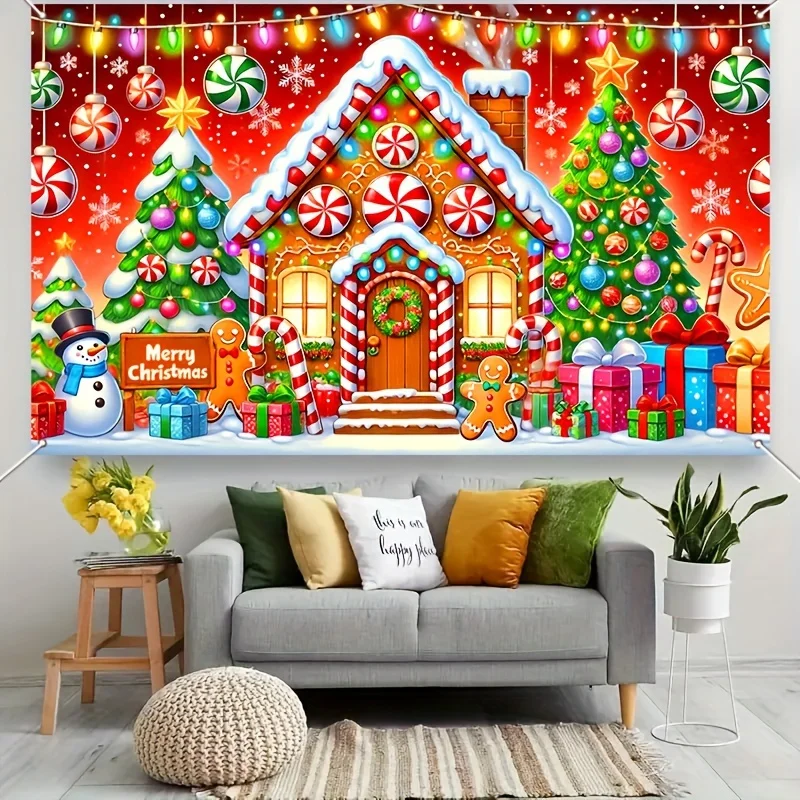 1 multi-purpose Christmas gingerbread house background - candy and trees, party decorations, event and garden decorations