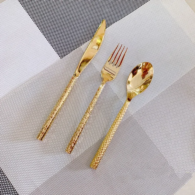 3Pcs Luxury Tableware Stainless Steel Gold Cutlery Set Vintage Western Dinnerware Hammer Point Circular Handle Knife Fork Spoon