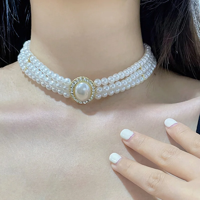 French Retro Small Fragrance Three-layer Pearl Necklace Flash Diamond Pearl Wedding Dress Clavicle Chain For Women Neck