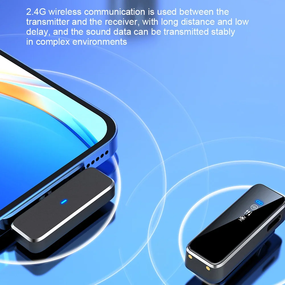 ميكروفون Lavalier لاسلكي صغير محمول على شكل طية صدر السترة ثنائي القناة تسجيل صوتي وفيديو LCD لهاتف iPhone Android Live Stream