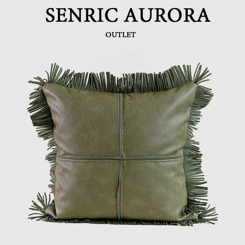 Design Luxury Cushion Cover 45x45cm Green Oil Wax Imitation Cowhide Tassel Pillowcase For Home Hotel Bed Living Room Sofa