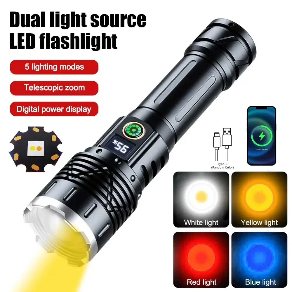 

Type-C RechargeableLED Flashlight Dual Light White+Yellow/Red/Blue Torch Zoomable Camping Light Waterproof Power Bank Lantern