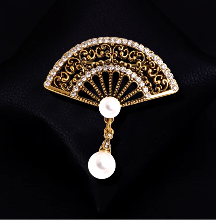 Chinese Style Ethnic Rhinestone Pearl Retro Fashion Fan Brooch брошь женская Weddings Party Casual Brooch Pins Gifts