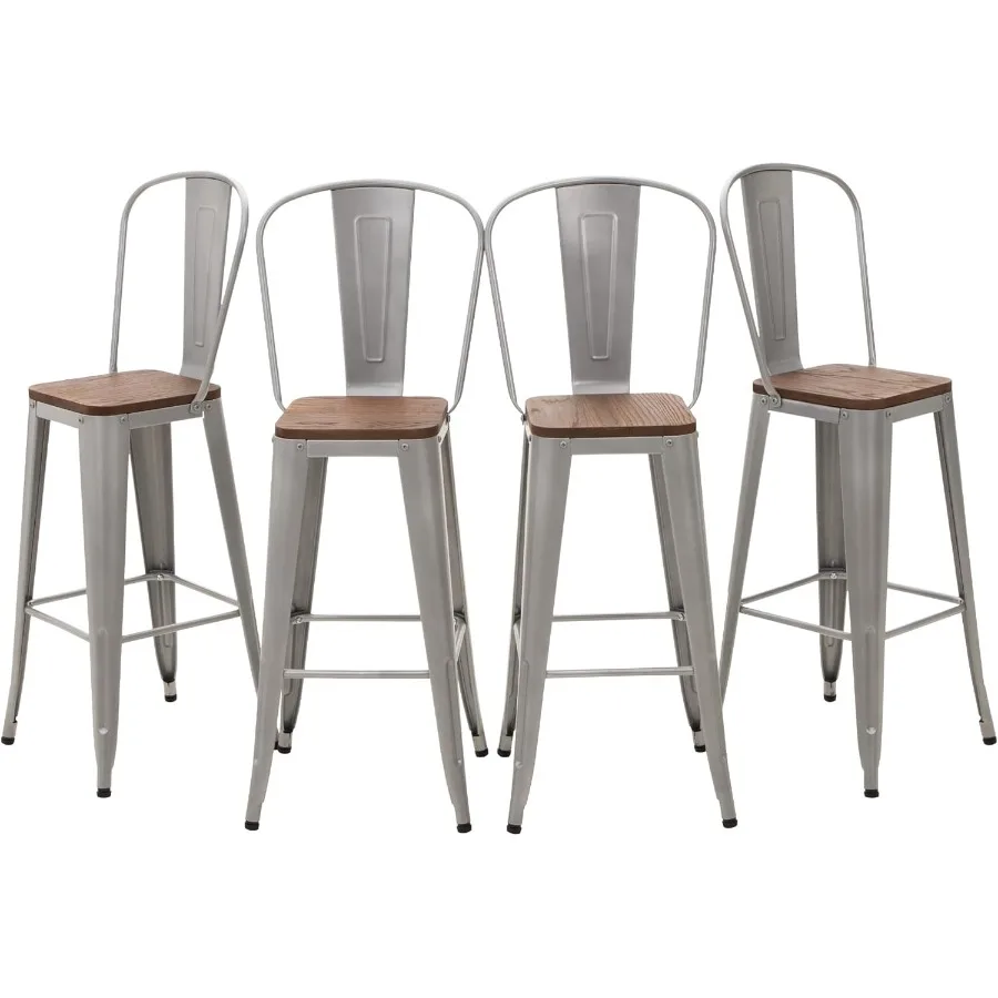 مجموعة 30 مقاعد بار معدنية قابلة للتخليص مكونة من 4 مقاعد للبار عالية الظهر مع مقعد خشبي مثالي للاستخدام الداخلي والخارجي #6