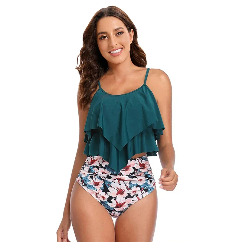 Ensemble tankini à volants pour femmes, haut rembourré avec bretelles ajustables, élastique, slim, taille haute, vêtements de plage, 8 couleurs, 2024