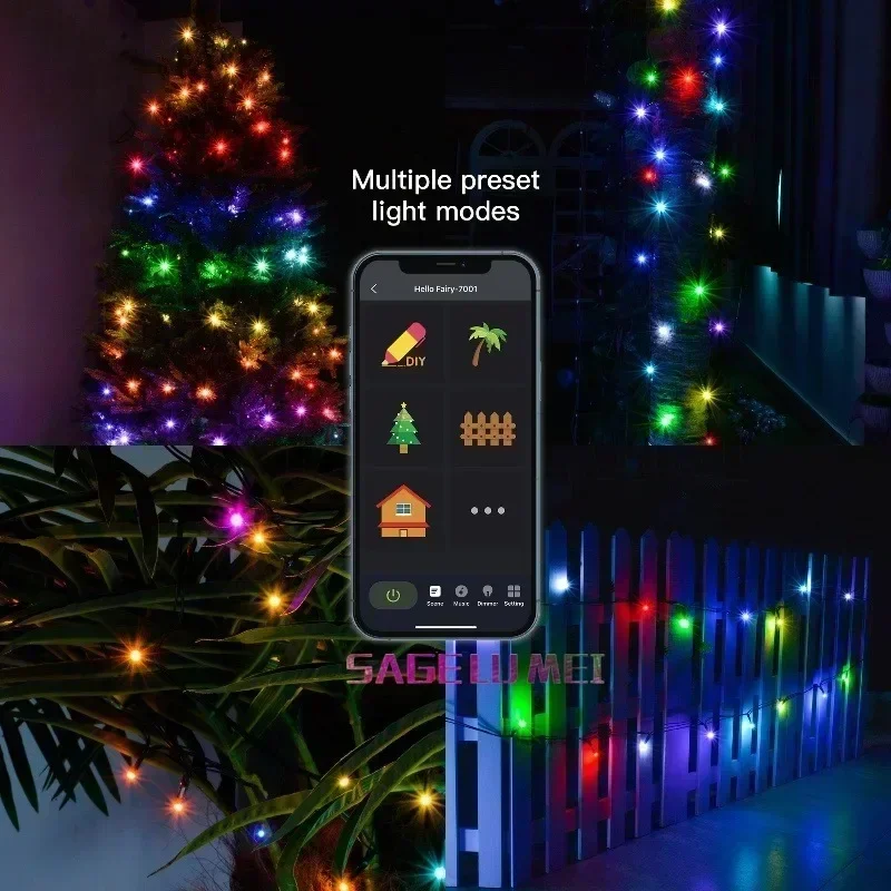 Led quintal beiral luz 10m/100led inteligente bluetooth app remoto sincronização de música 5v usb para ao ar livre diy pátio cerca lâmpada decoração natal