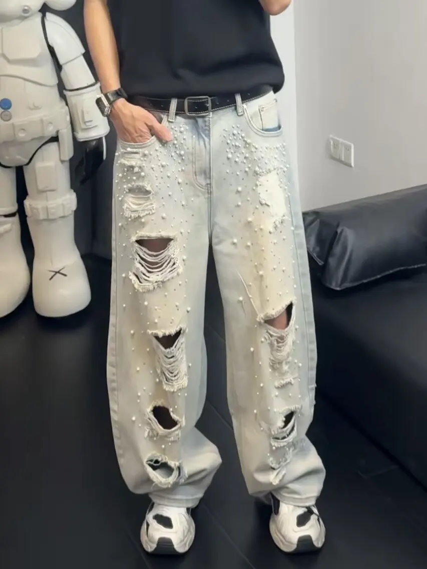 Trendy Brand Loose Fit Denim Jeans Women's Printed Wide Leg Pants Men's Hole Punch Lettering Casual Individuality Jeans
