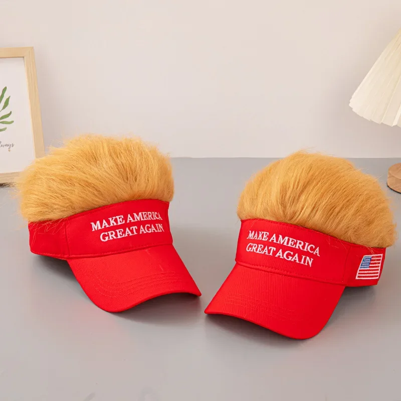 America Great Again Trump Baseball Hat Fashion Duck Tongue Hat Wide Brimmed Red Embroidered Hat Election Yellow Hair Wig Cap