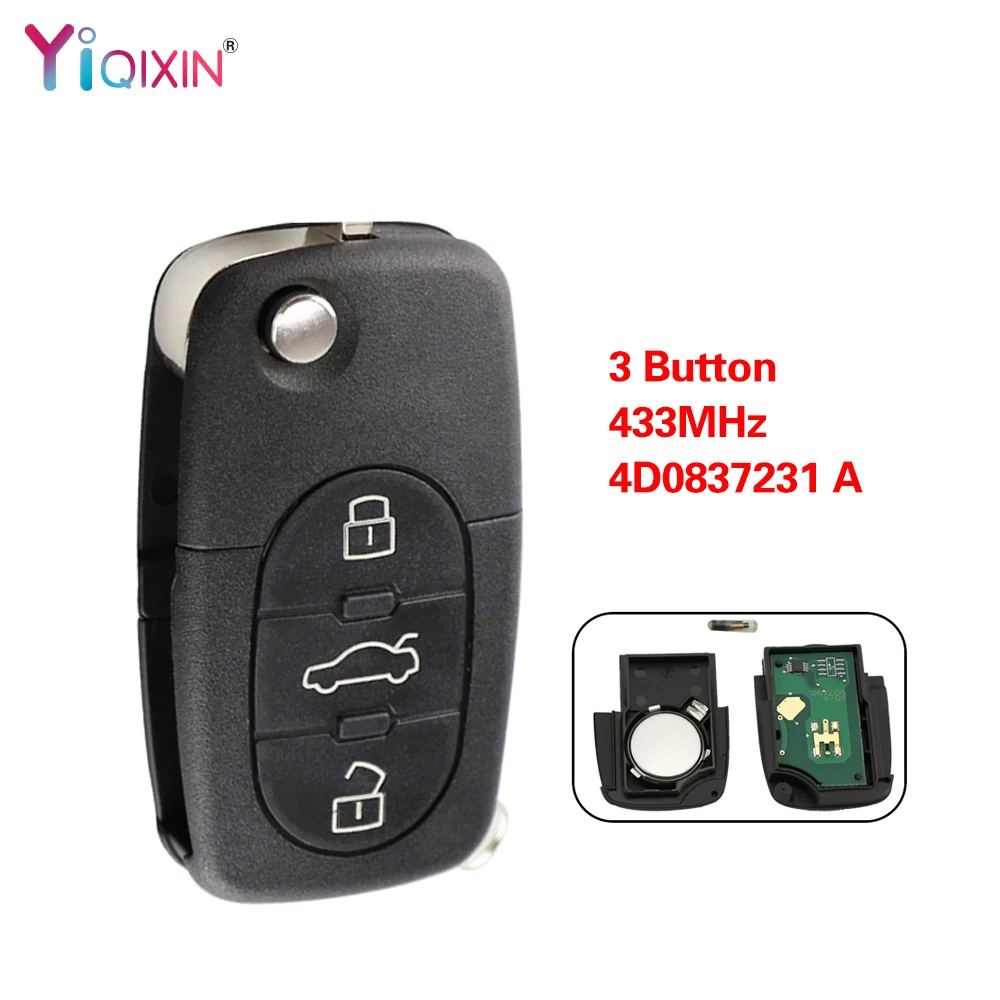 Yiqixin 3 botões 433mhz 4d0837231a transponder id48 chip de controle remoto chave do carro automático para audi a3 a4 a6 a8 modelo antigo dobrável chave