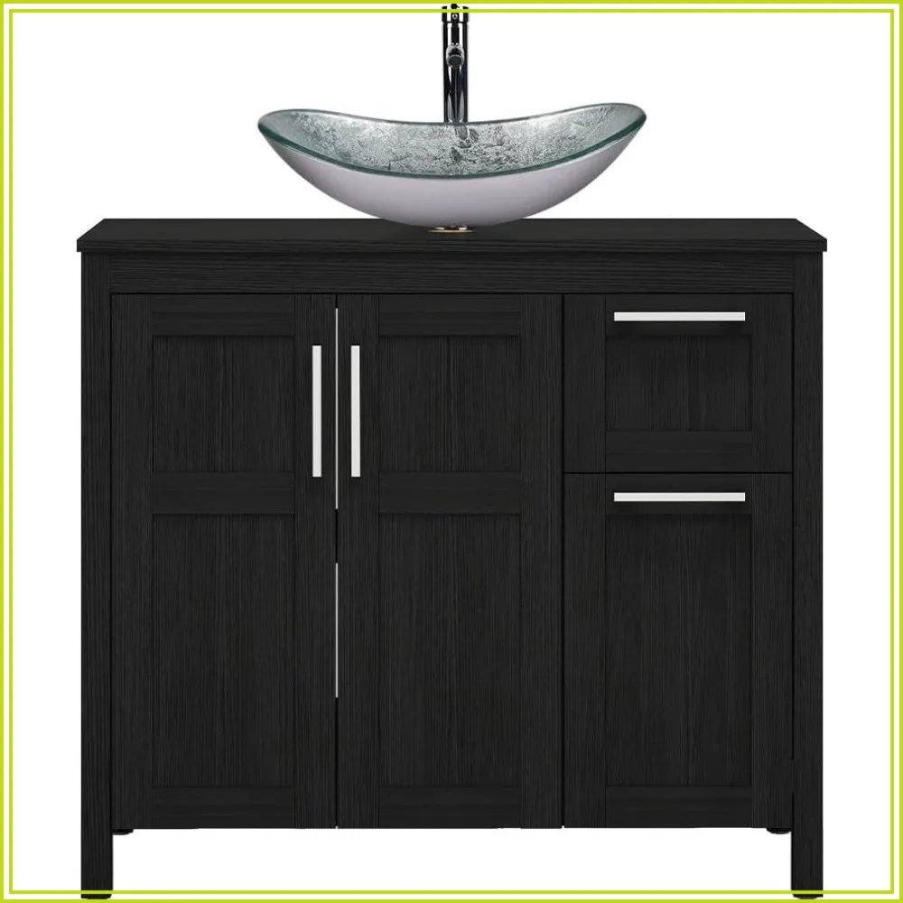 36 Inch Black Bathroom Vanity with Vessel Sink, Silver Sink