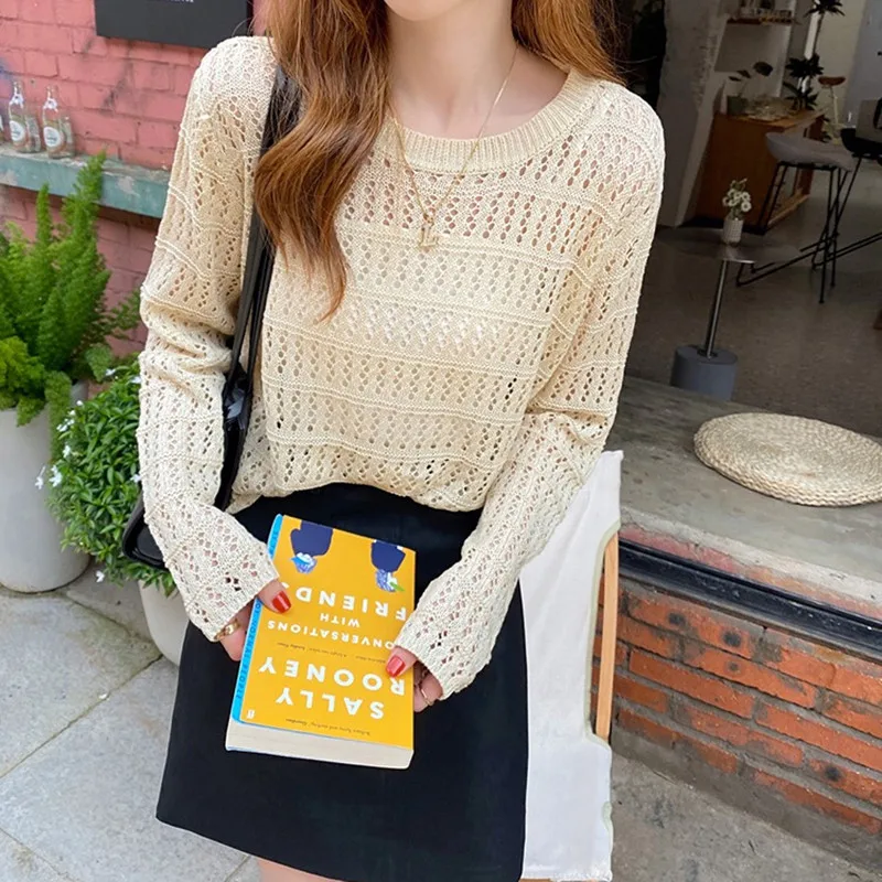 Open Knit Sweater Long Sleeve Tops Round Neck Crop Pullover Blouse Cover Up for Women Teen-girls Spring Summer Outfit