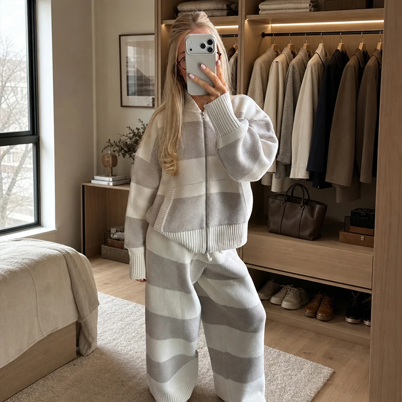 Women Striped Knit 2 Piece Set Stand Collar Long Sleeves Two-way Zipper Short Coat High Waist Wide Leg Pants 2026 Casual Outfit