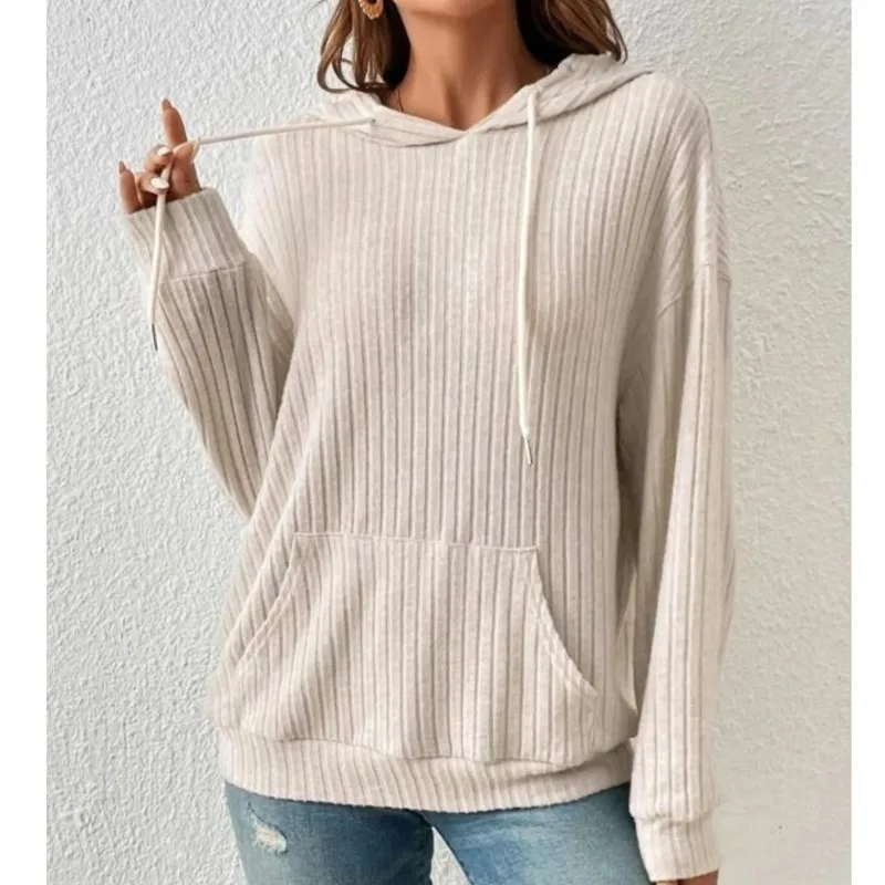 Women's Hooded Knitted Sweatshirt With Pit Stripe Kangaroo Pocket Sweatshirt Solid Color Pullover Casual 2024 New Autumn/winter