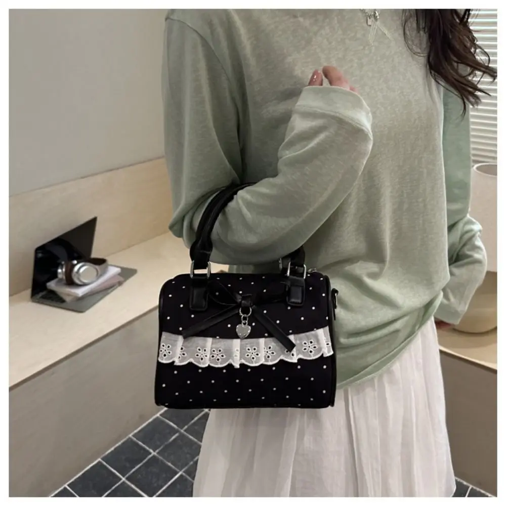 Cute Soft PU Leather Bow Lace Handbag Polka Dot Top Handle Mini Crossbody Bag Korean Style Mini Tote Handbag For Women Girls