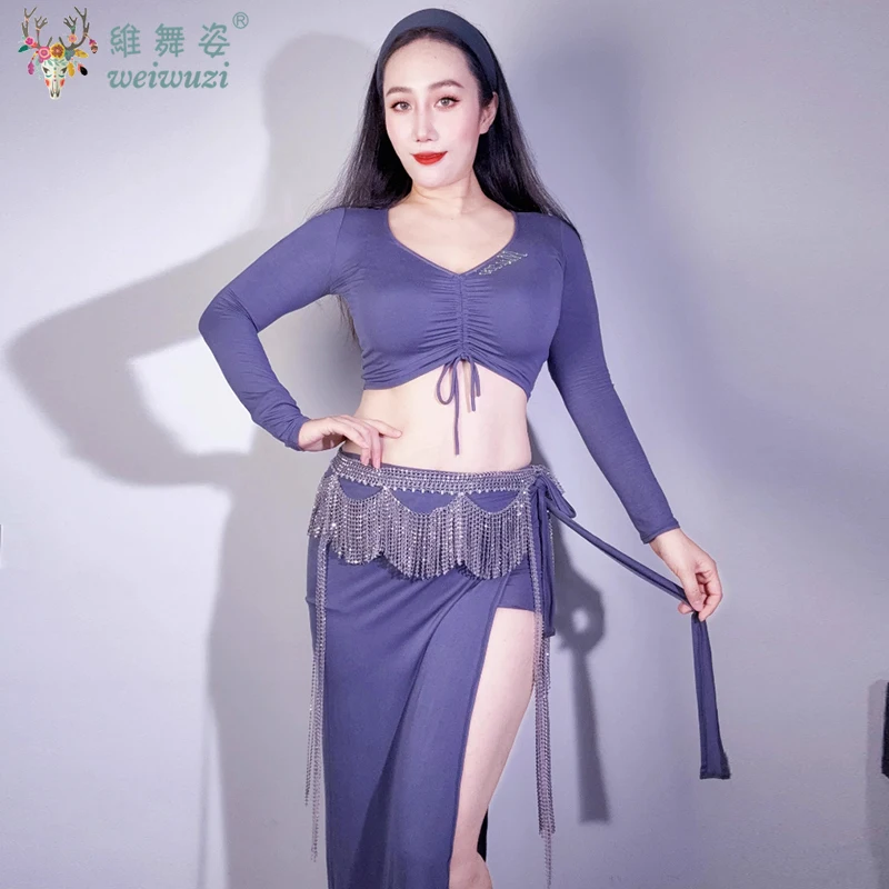 

Комплект костюмов для танца живота для женщин, восточный танец, модальный топ с бриллиантами + длинная юбка, костюм, одежда для сценического выступления