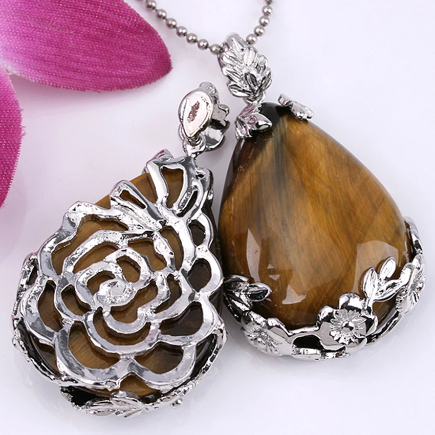 Silver Plated Natural Original Tiger Eye Stone Flower Water Drop Pendant Charm Jewelry For Women Men Girls Gifts