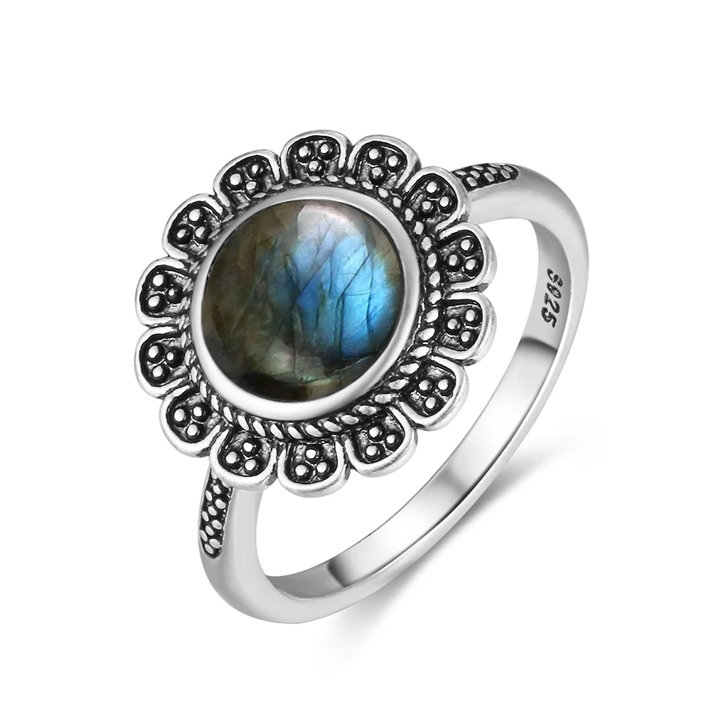 

Vintage S925 Sterling Sliver Flower Ring with 8MM Labradorit Natural Stone Rings Large Sun Flower Shape Fine Jewelry for Women