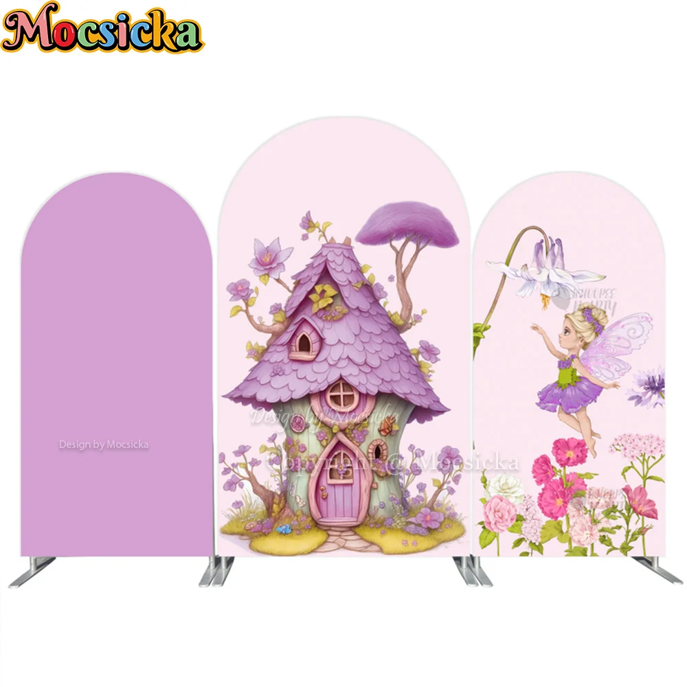 Mocsicka 요정 첫 번째 생일 파티 아치 배경 사진 원더랜드 매직 하우스 보라색 배경 소녀 베이비 쇼 Photoshoot