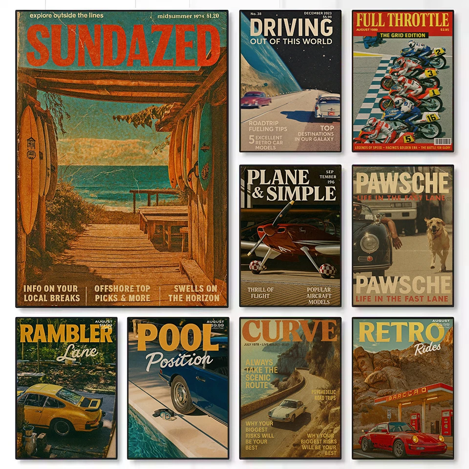 Vintage 70s Magazine Cover Lifestyle Surfing Airplane Motorcycle Aesthetic Poster Canvas Painting Wall Pictures Home Decor