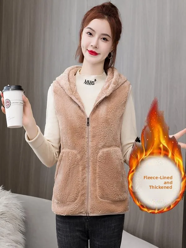 Gilet Double face en corail Fce pour femme, vêtement d'extérieur, ample, à capuche, pour les déplacements polyvalents, automne et hiver