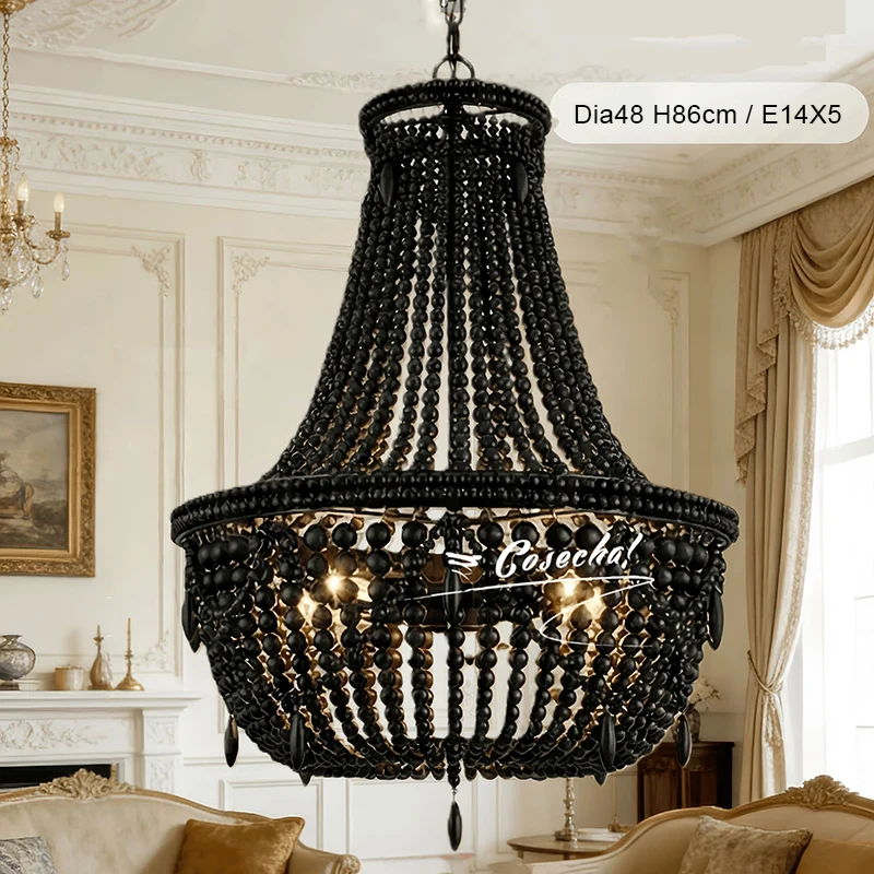 

Vintage Black Wood Beads Chandelier French Pendant Lighting In Farmhouse Bedroom Dining Living Room Black Beaded Hanging Lights