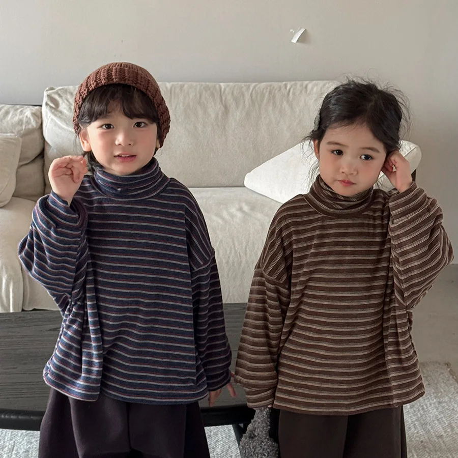 

2025 Winter Kids Thermal Underwear Fleece Lined Turtleneck Top Boys Girls Warm Soft Cold Weather Clothing Baby Toddler Shirt