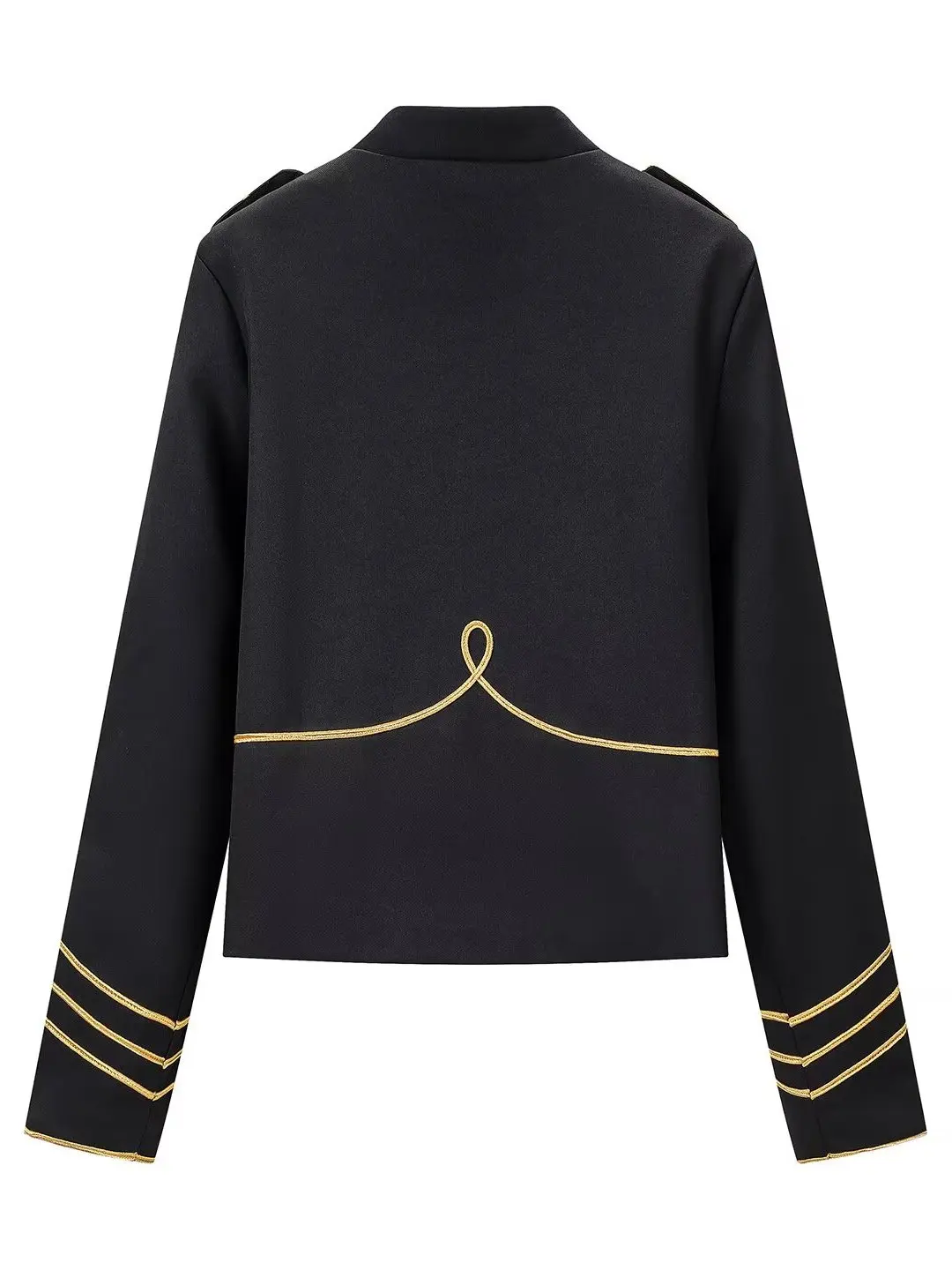 Women's Black Stand Collar Short Jacket Gold Thread Belt Button Slim Fit Versatile Autumn Outerwear Polyester Fiber Long Sleeve