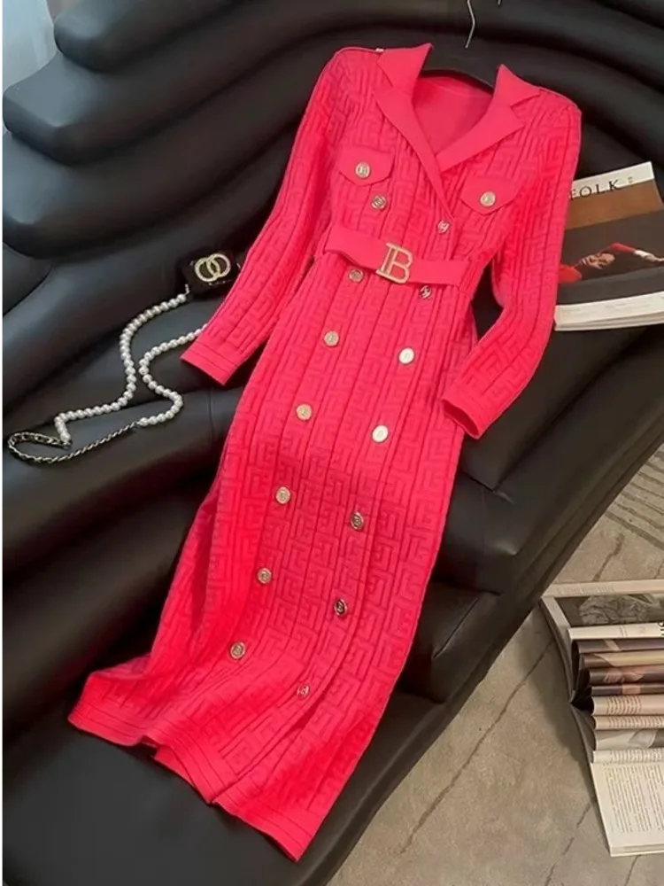 2024 Spring New French Elegant  Knitted Midi Dress Women Fashion Lapel Long Sleeve Belt TwoBreasted Stretch Party Dress Female