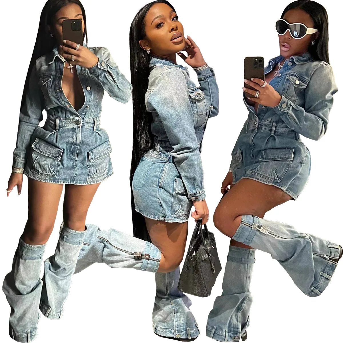 

Women Dress Set Autumn Winter Sexy Jeans Club Wear Denim Dress Set Multi Pocket Long Sleeve Cargo Denim Dress With Leg Covers