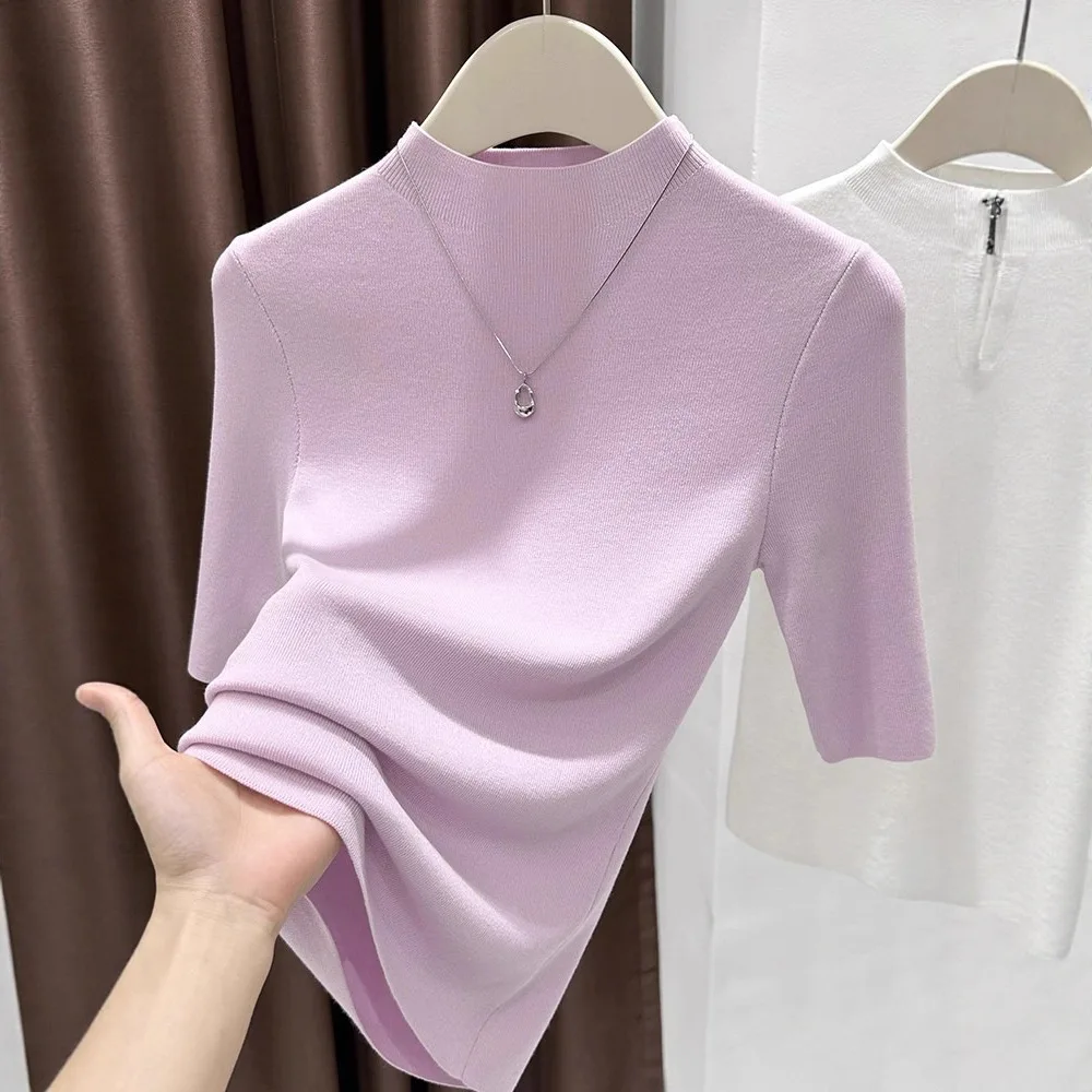 

Новый женский вязаный топ с воротником-стойкой и рукавом до локтя, модный и элегантный свитер с коротким рукавом, коллекция 2026 года