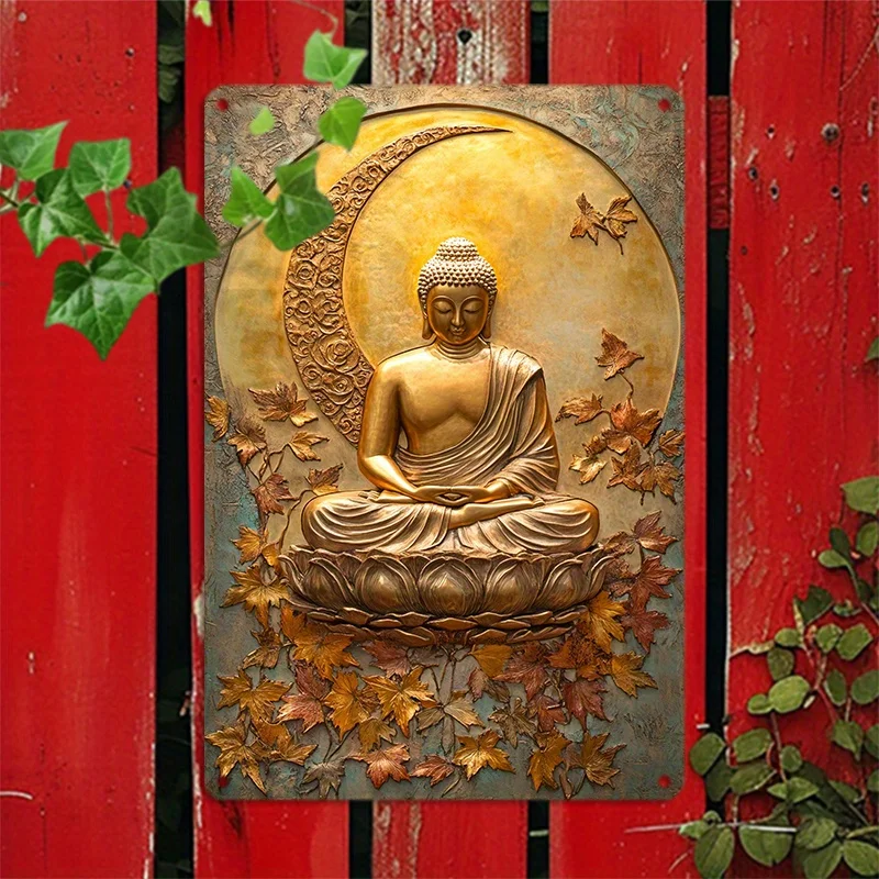 

2D Metal Decoration,Aluminum Wall Art,Metal Tin Sign Golden Buddha Statue Aluminum Art Sign for Bedroom Living Room Indoor